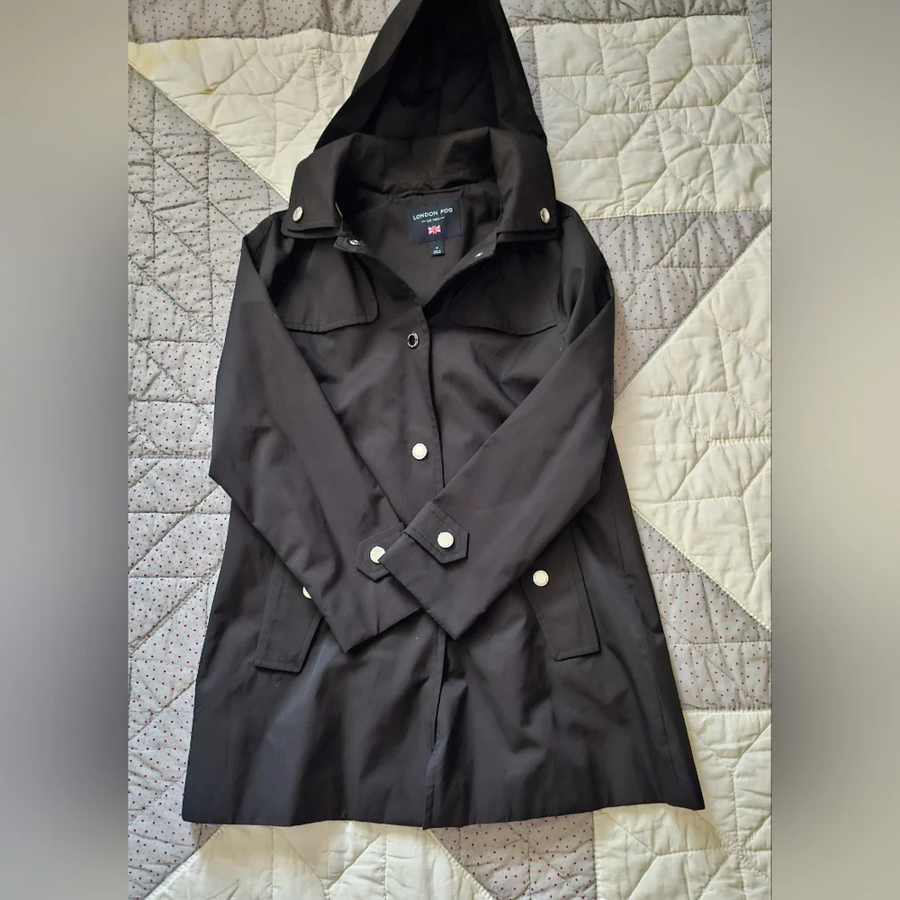 London Fog Black Hooded Raincoat -Snap Front- Mid Length - Picture 2 of 7